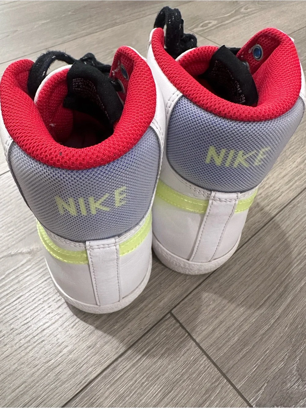 Nike White blazer High-Top Sneakers with Neon‎ Yellow Swoosh and Pink Collar
